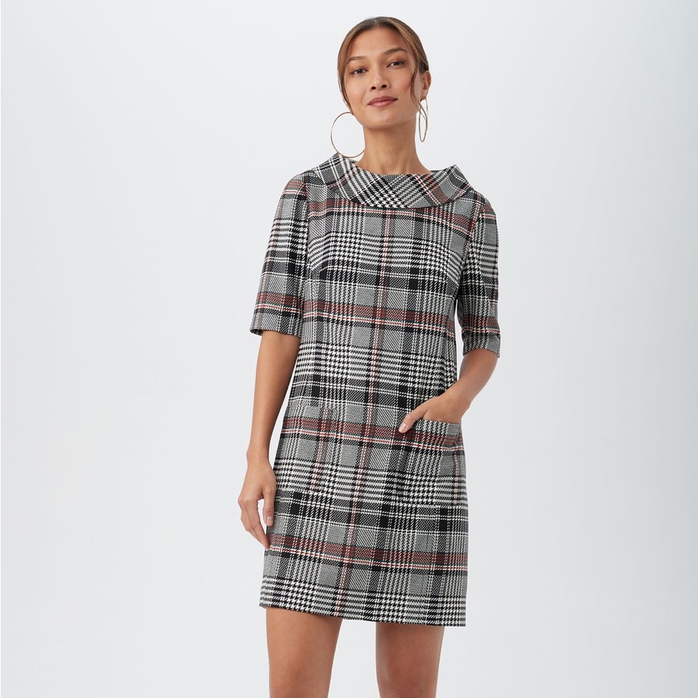 Trina Turk Maleko Short-Sleeve Shift Black and Red Plaid Dress Size 8